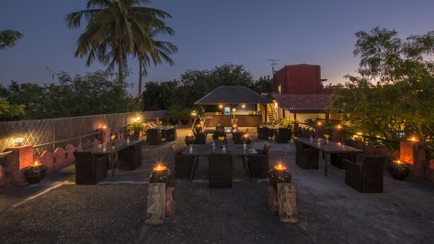 Un área de comedor al aire libre con mesas y sillas, una palmera y un edificio al fondo.
