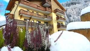 A multi-story hotel with wooden balconies, surrounded by snow-covered trees and mountains. - Cimon Dolomites Hotel (Predazzo)