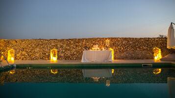 Outdoor pool, pool umbrellas, pool loungers