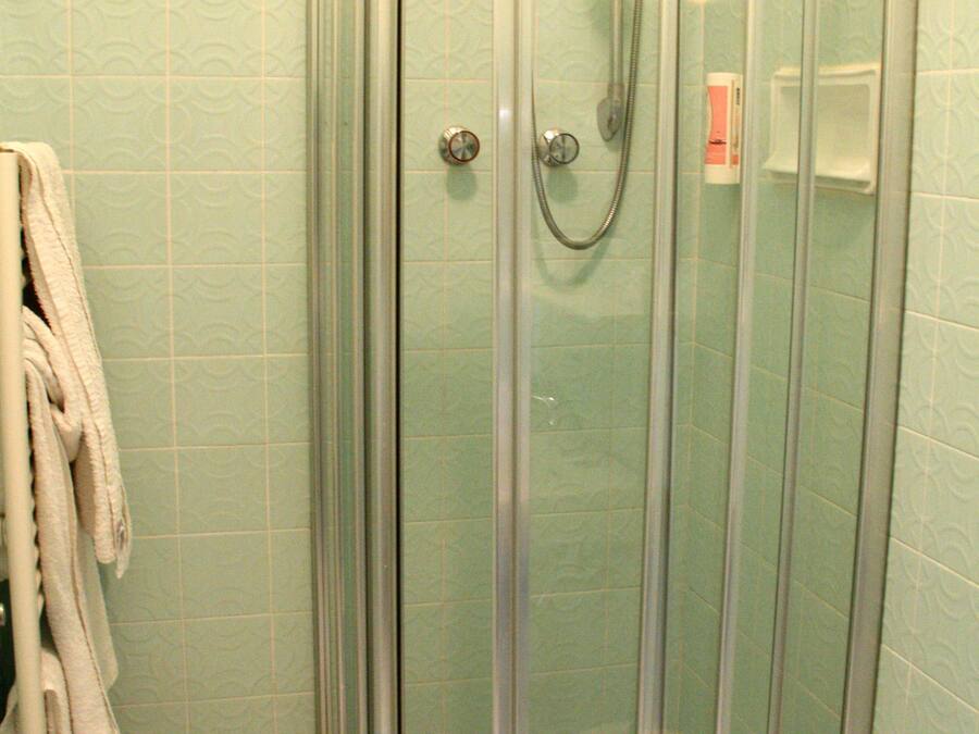 A glass-enclosed shower stall with a handheld showerhead, a white toilet, and a towel rack with towels.