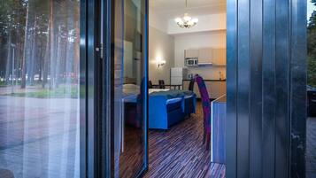Une chambre moderne dotée d’une porte vitrée donnant sur un coin repas, d’une petite kitchenette et d’un espace salon avec un canapé bleu.