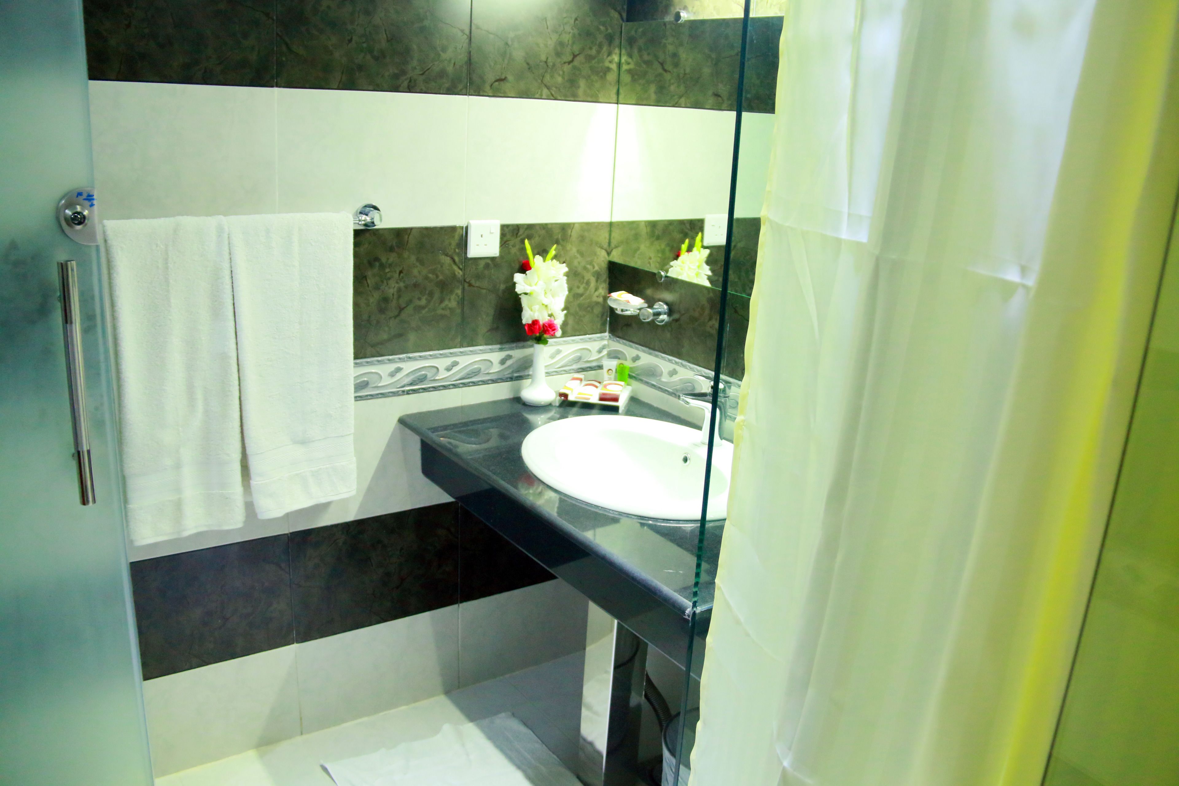 A modern bathroom with a glass shower enclosure, a white sink, and a mirror with a decorative vase.