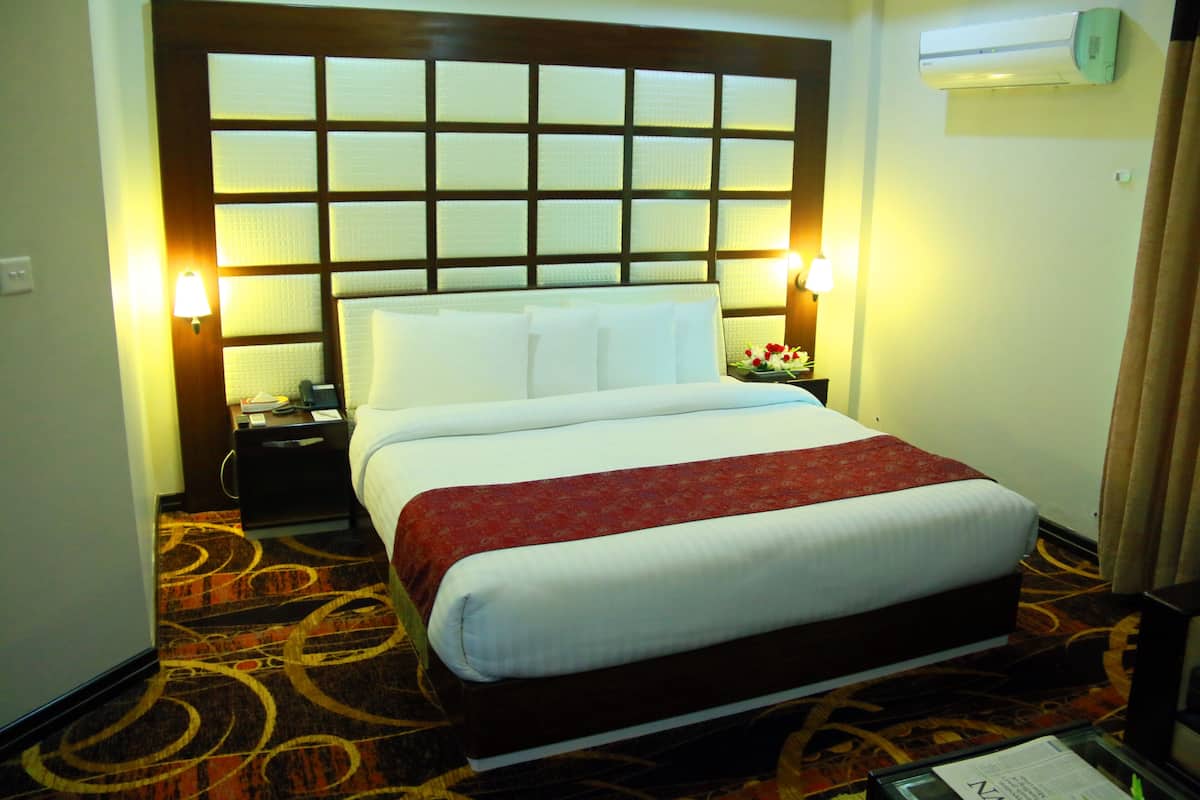 Una habitación de hotel con una cama grande, dos lámparas de noche, una mesita de noche, un aire acondicionado y una alfombra estampada.