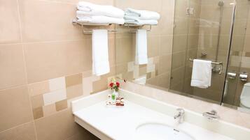 Shower, free toiletries, hair dryer, slippers