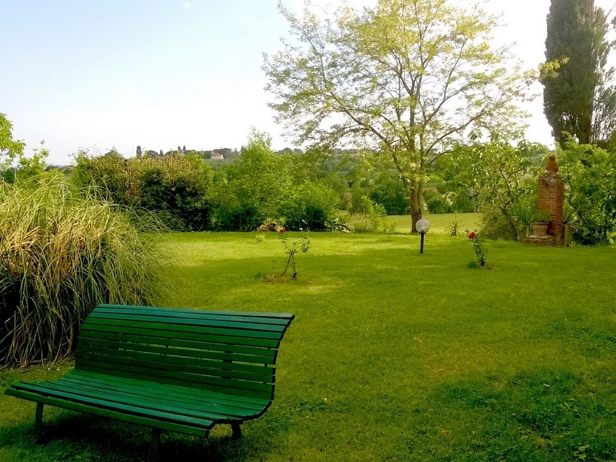 A park with a green bench, grassy areas, and trees.