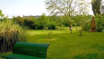 A park with a green bench, grassy areas, and trees.