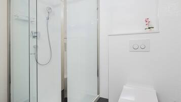 A modern bathroom with a glass-enclosed shower, a white toilet, and a small potted plant on the wall.