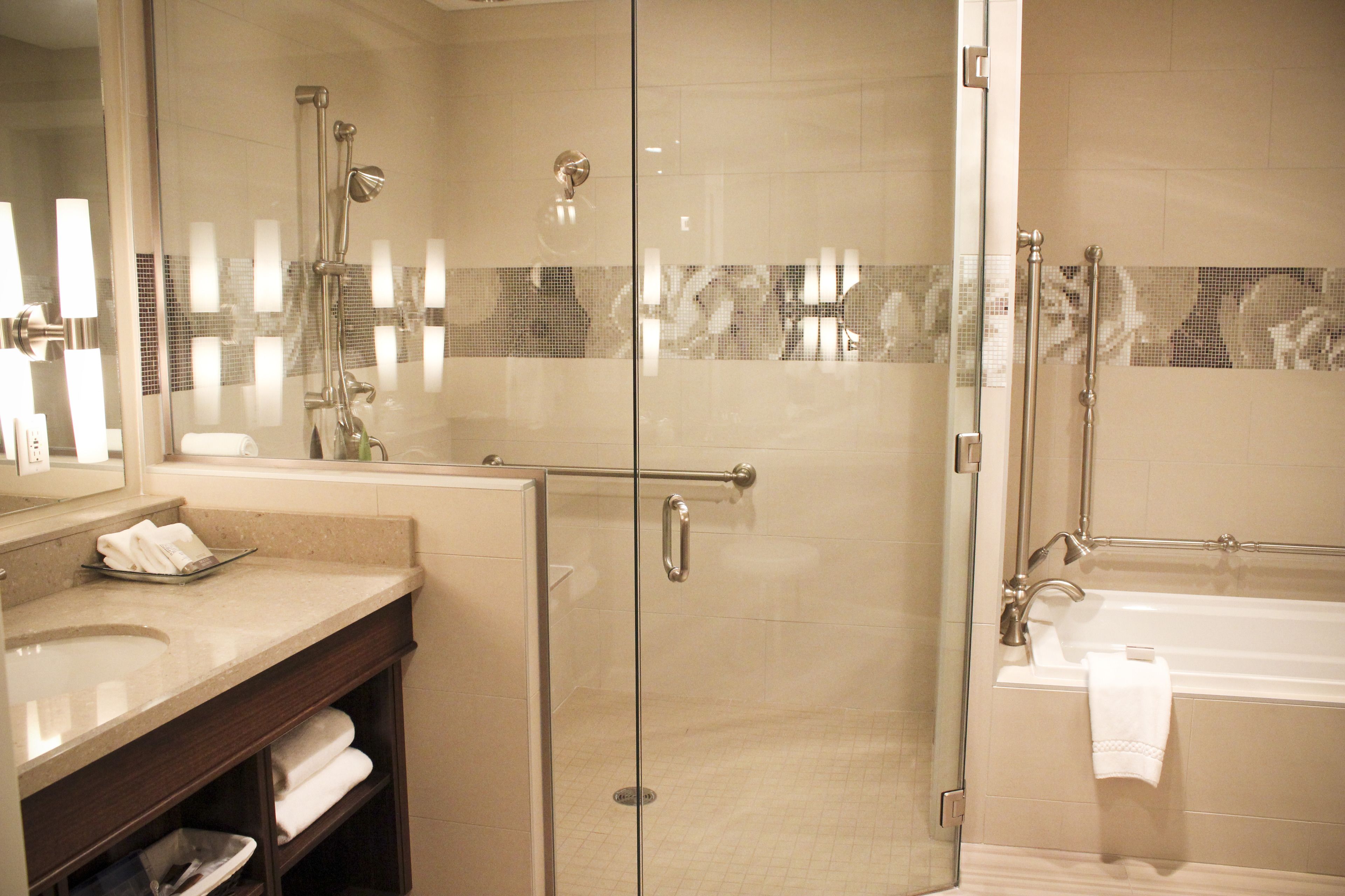 separate bathtub and shower, free toiletries, bathrobes, towels