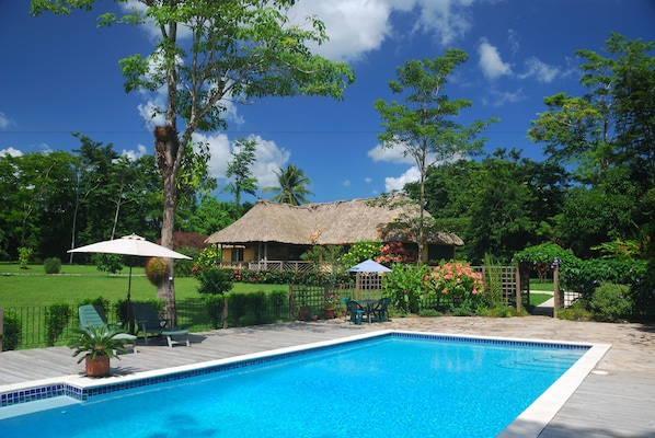Una piscina al aire libre, sillones reclinables de piscina