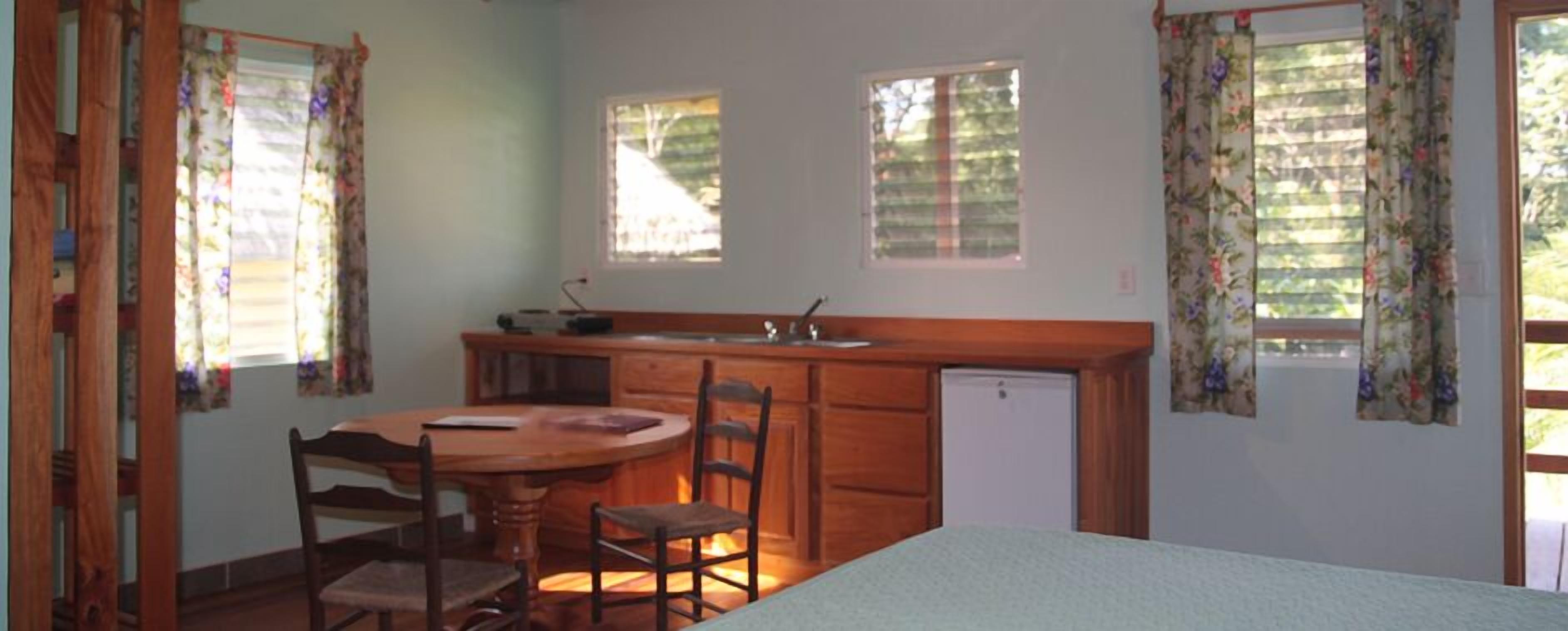 A compact kitchen with a wooden table and chairs, a small refrigerator, and two windows with blinds.