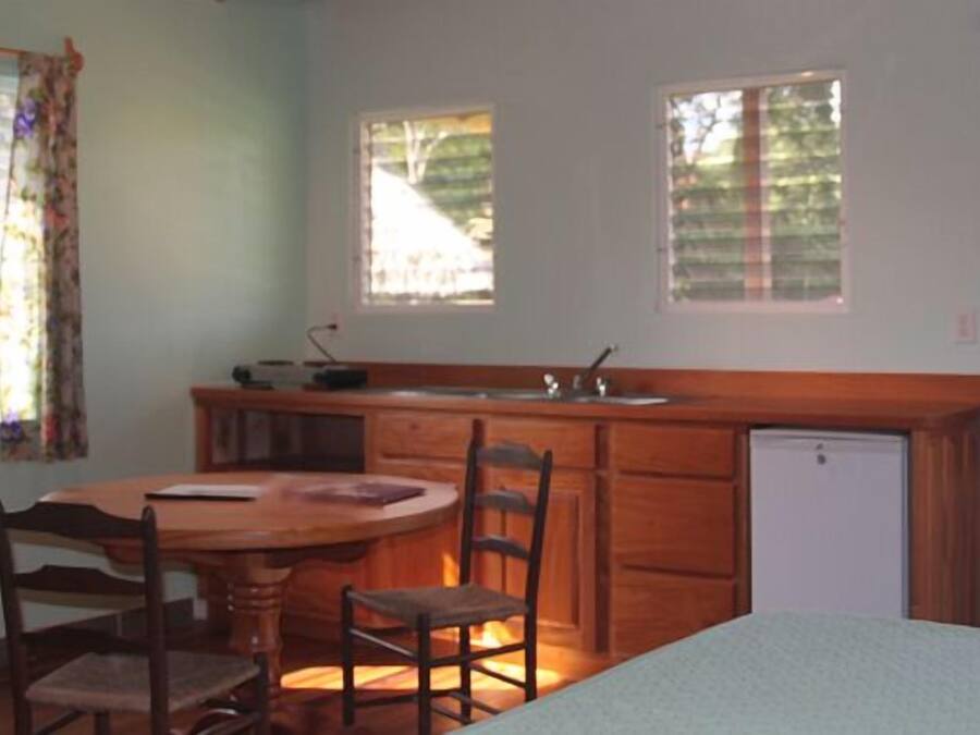 A compact kitchen with a wooden table and chairs, a small refrigerator, and two windows with blinds.