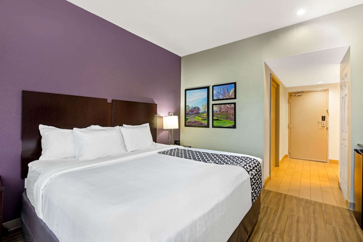 Une chambre d’hôtel avec un grand lit, une tête de lit, une table de chevet, une lampe et des tableaux encadrés au mur.