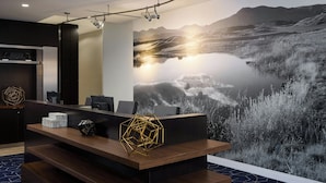 En modern receptionsdisk med en storslagen väggmålning som föreställer ett bergigt landskap och en sjö.