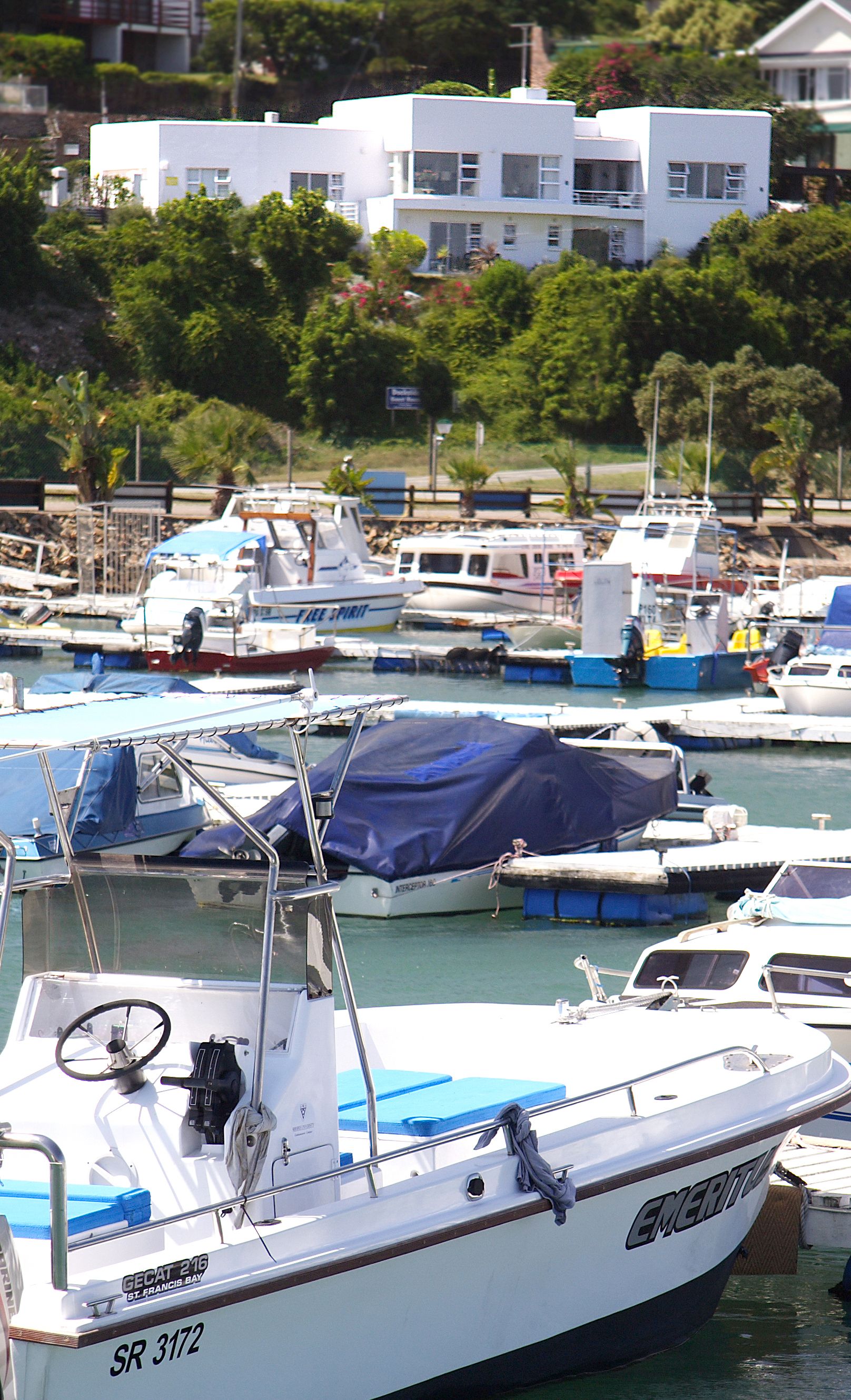 A marina with various boats docked, including a white boat with 'EMERITA' written on its side.