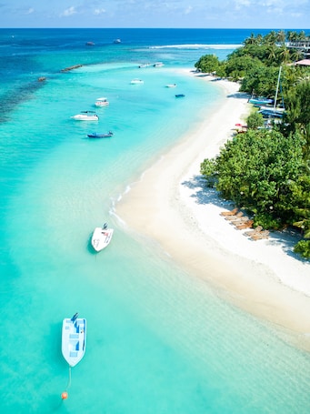 On the beach, white sand, sun loungers, beach towels. Season Paradise
