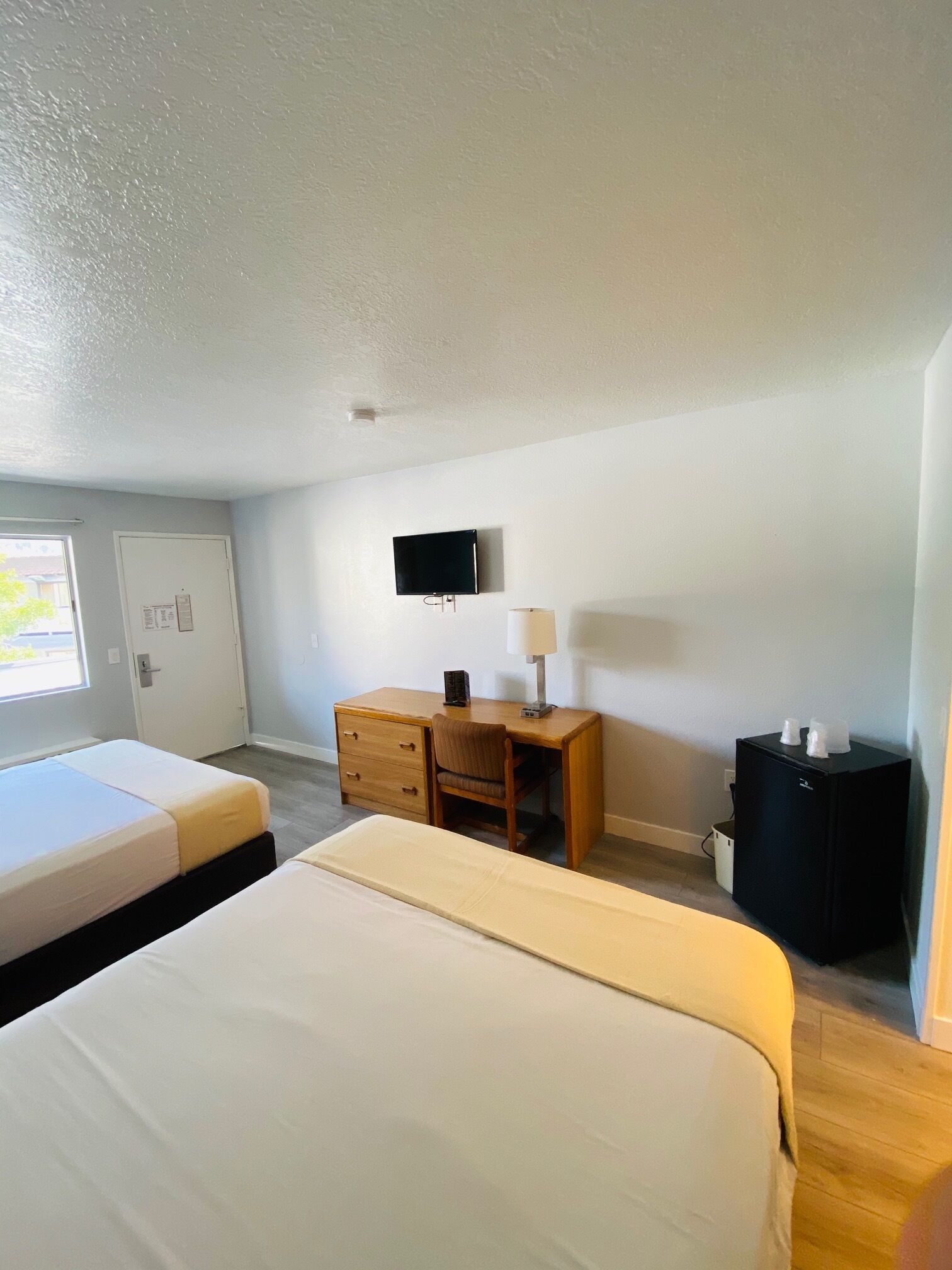 A hotel room with two beds, a desk, a chair, a TV, a lamp, and a small black refrigerator.