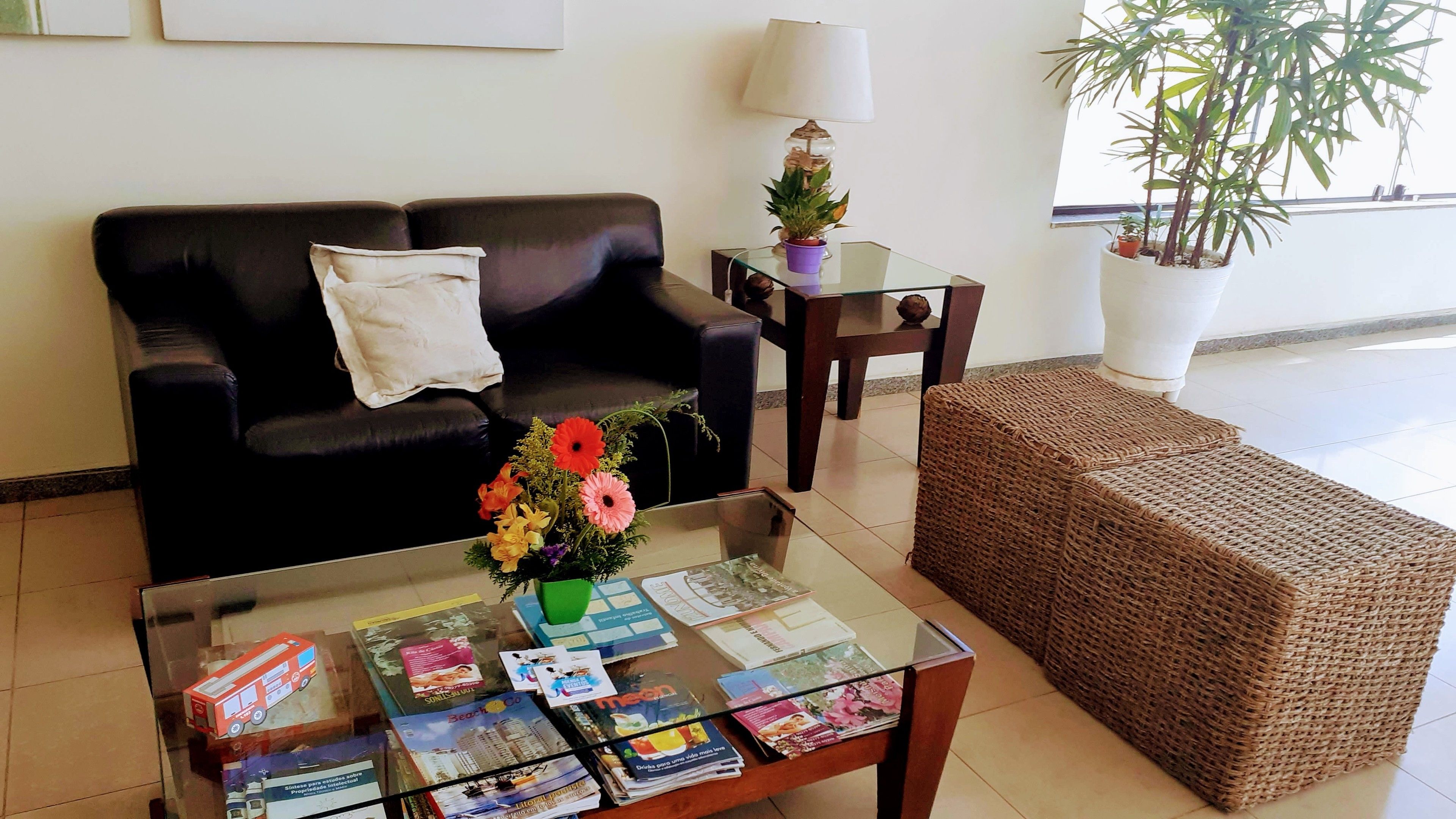 A living room with a black leather sofa, a glass coffee table with magazines, a wicker ottoman, a small table with a lamp and a potted plant, and a window with a view of a building.