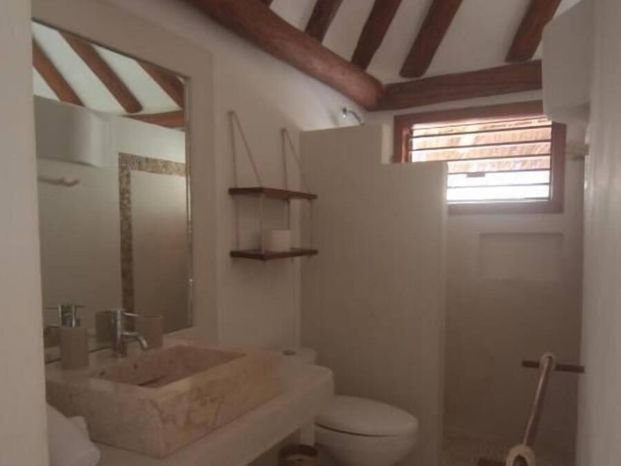A bathroom with a wooden ceiling, a sink, a toilet, and a shower area.