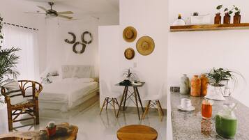 Estudio, cocineta, vista al jardín | Escritorio y wifi gratis