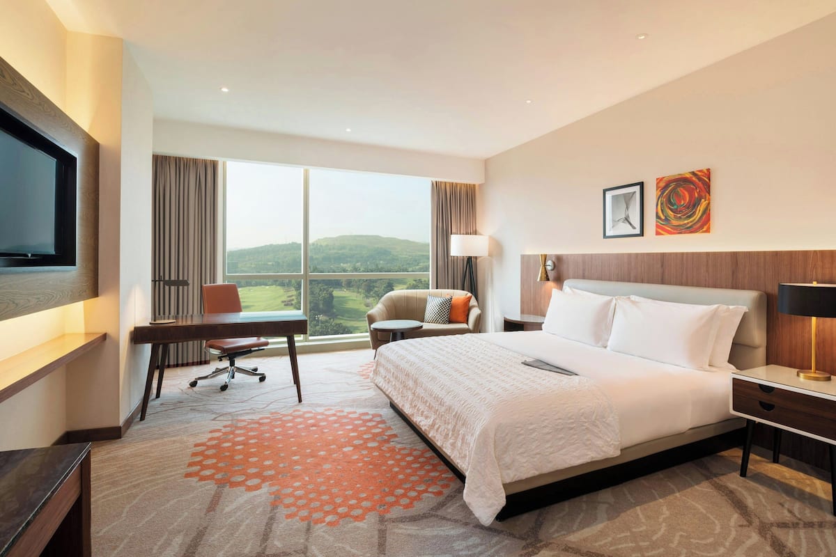 A hotel room with a large bed, a desk, a chair, a TV, and a window with a view of the hills.