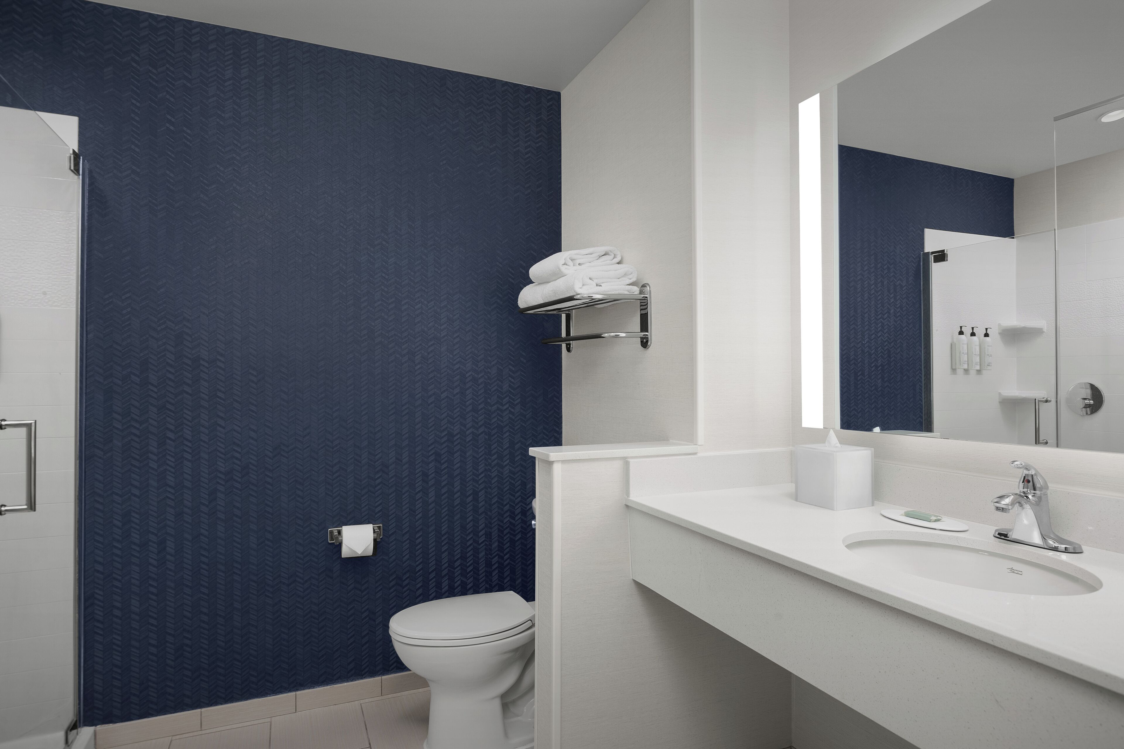 designer toiletries, hair dryer, towels