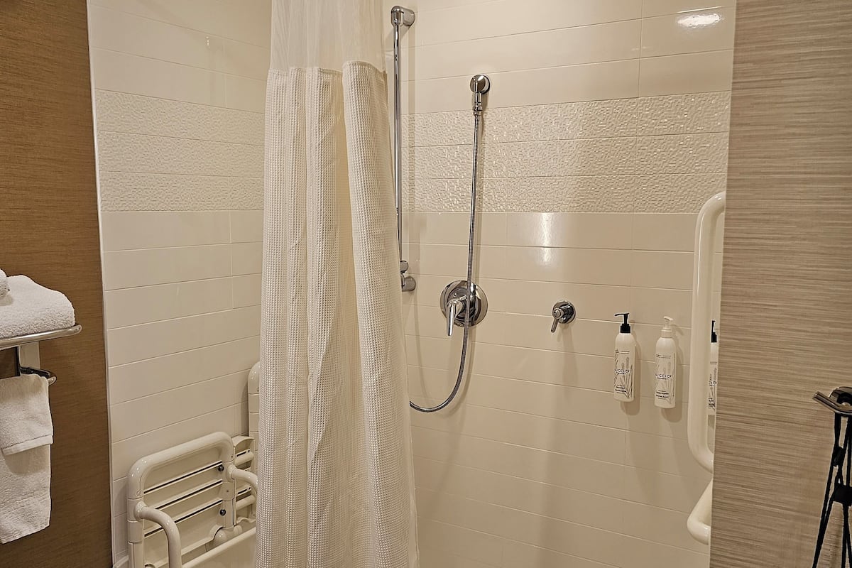 room, 1 king bed (mobility/hearing access, roll-in shwr) | bathroom | free toiletries, hair dryer, towels, soap