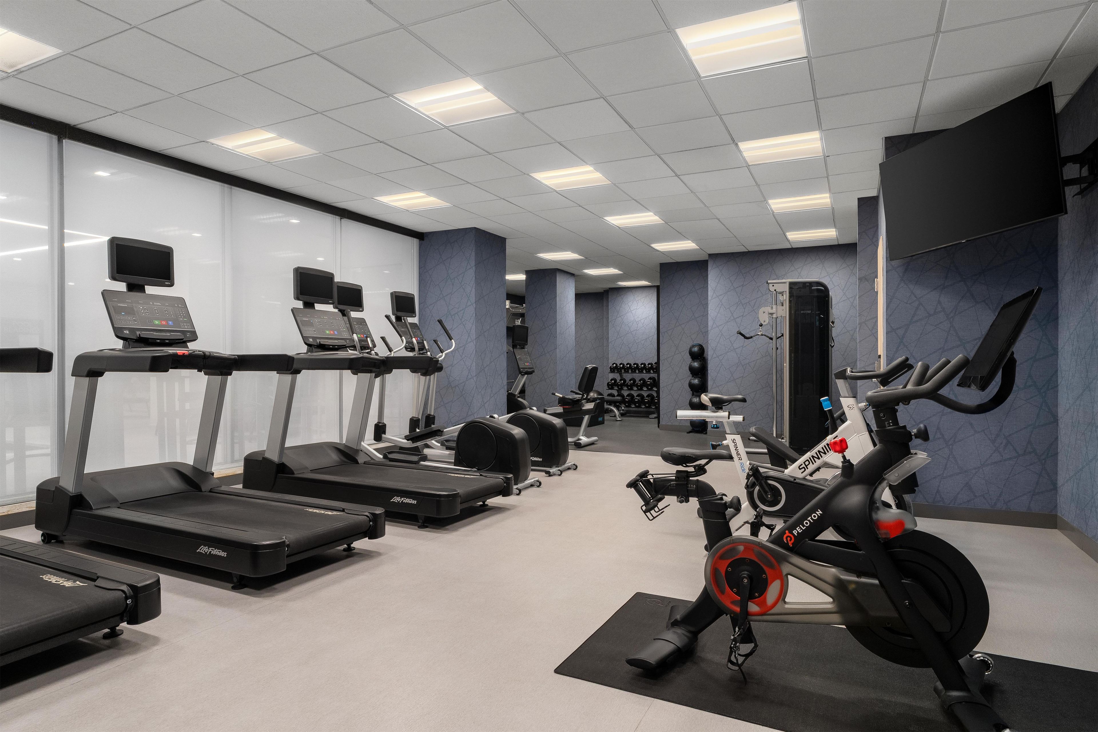 A gym with treadmills, ellipticals, and a stationary bike.