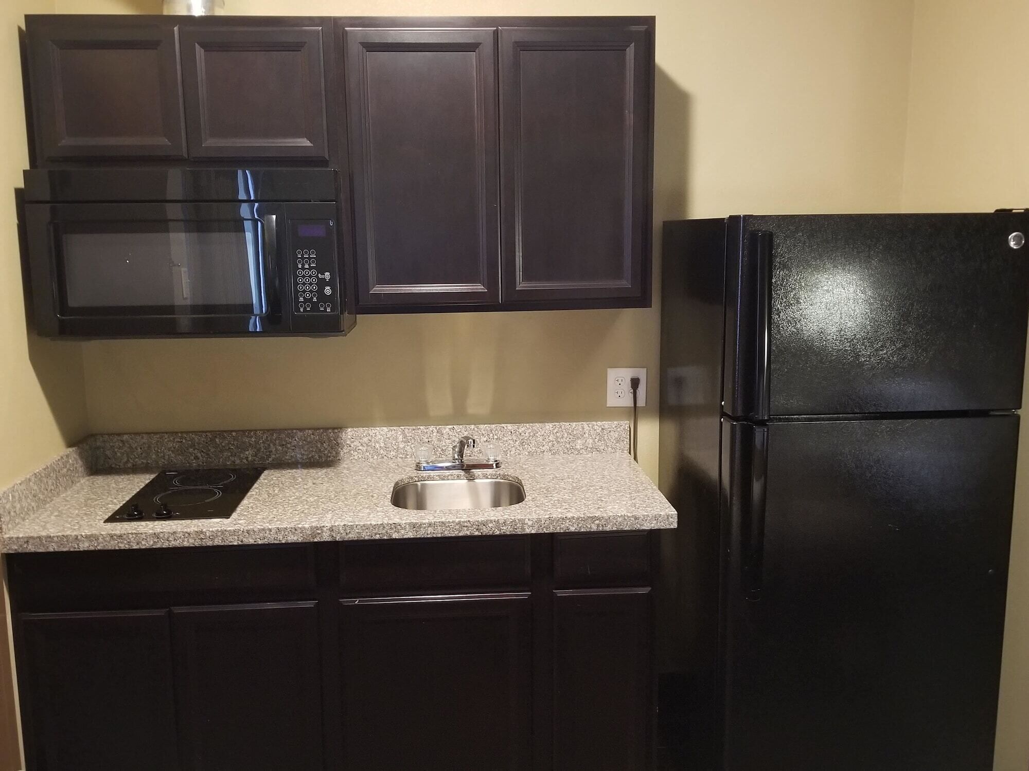 Una cocina con armarios oscuros, un refrigerador negro, un microondas y una encimera de granito.