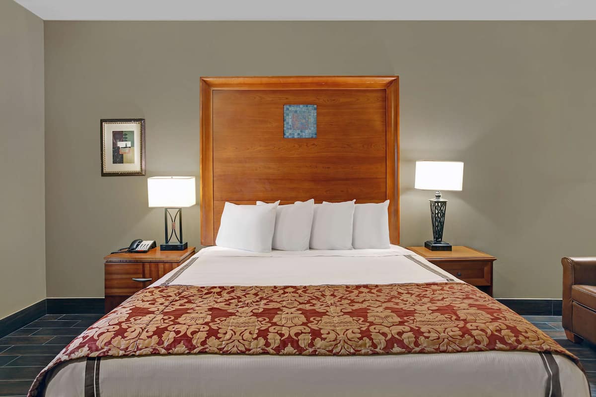 A hotel room with a large bed, two bedside tables with lamps, a wooden headboard, and a framed picture on the wall.
