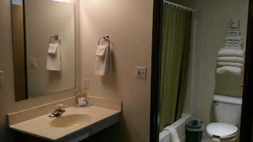 Baño con lavamanos, espejo y toallero.