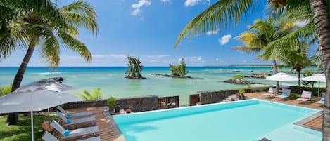 Una piscina al aire libre, sombrillas, tumbonas
