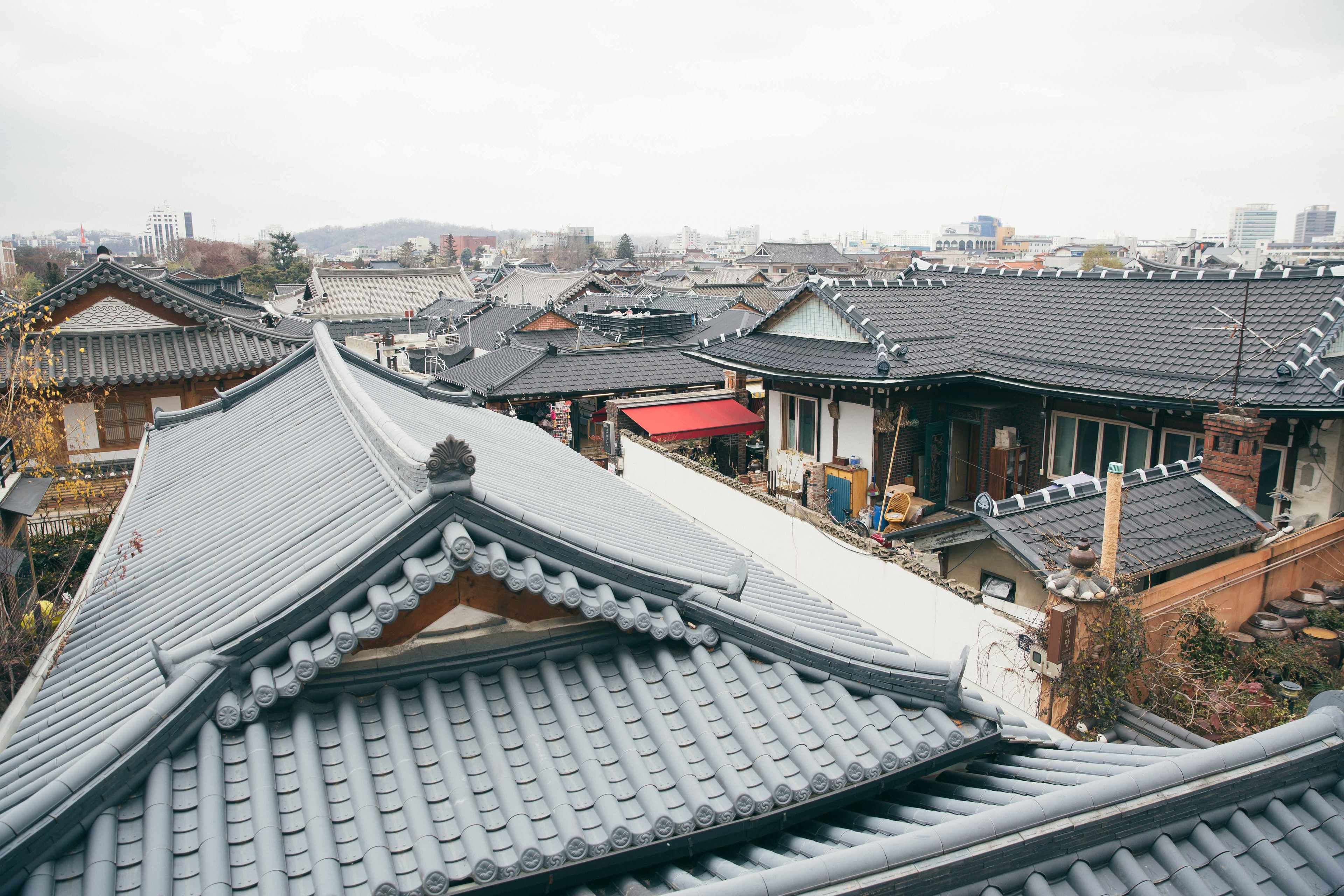 Traditional Japanese buildings with tiled roofs and a view of a cityscape in the background.