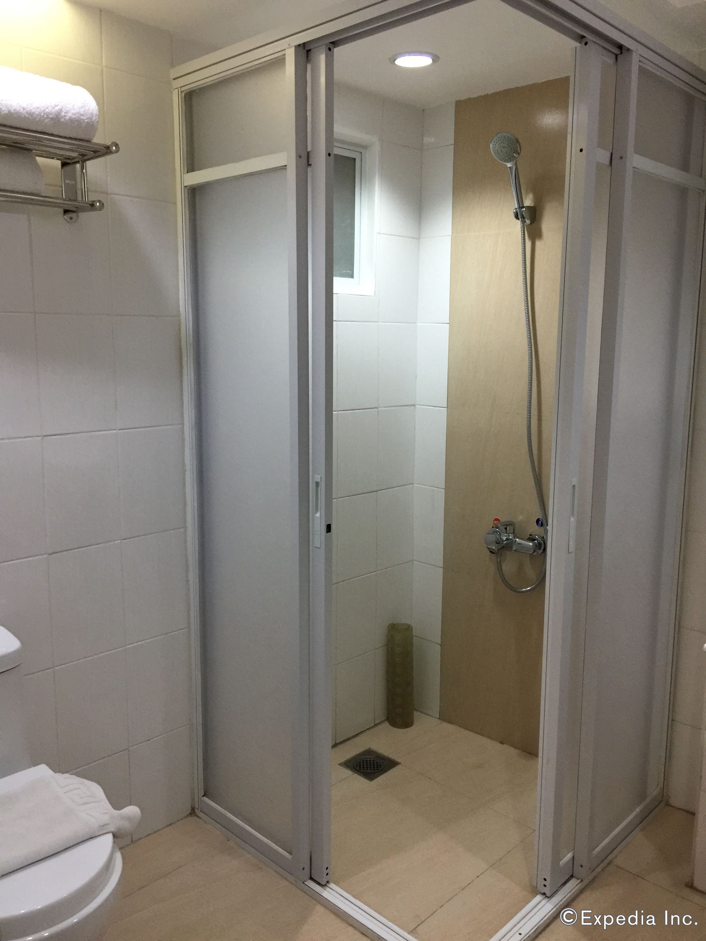 Un baño con ducha de vidrio, inodoro y barra para toallas.