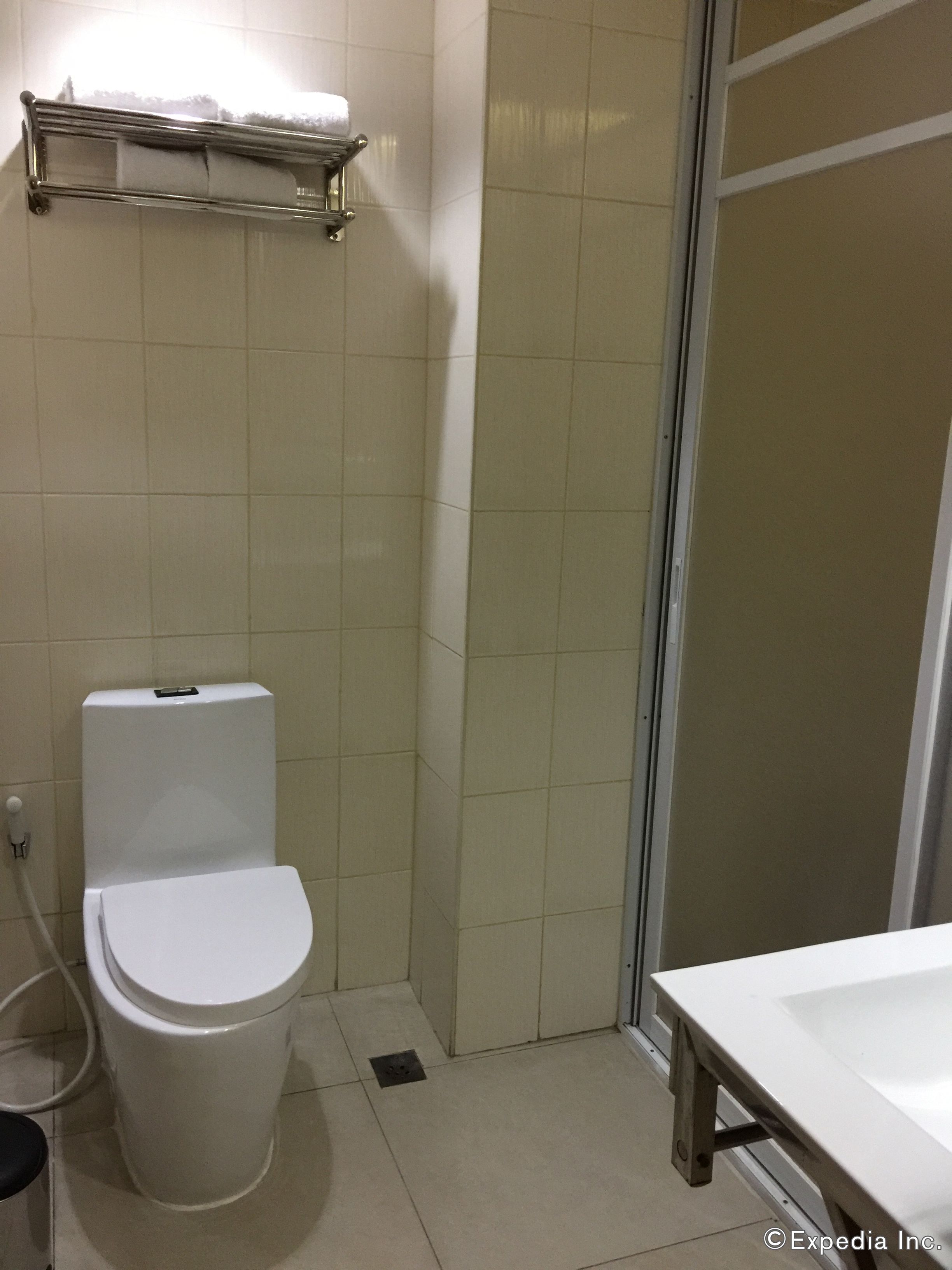 A bathroom with a toilet, a shower area, and a sink.