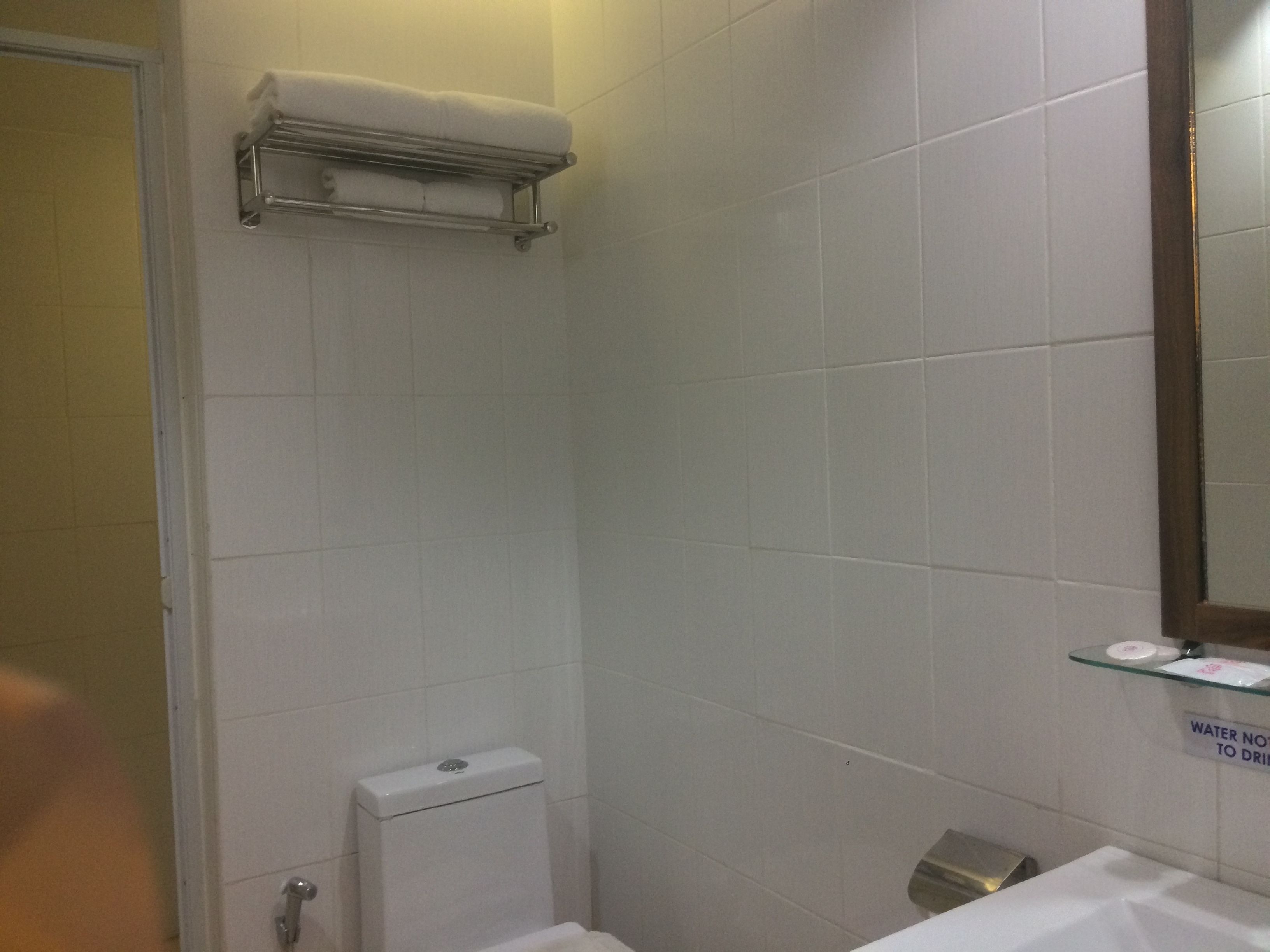 A bathroom with a toilet, a towel rack, and a glass shelf with toiletries.