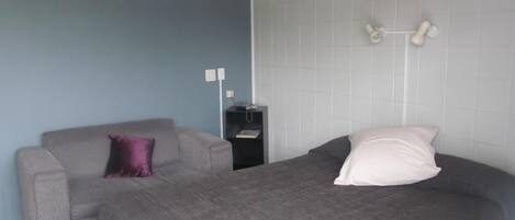 A small, modern room with a grey sofa and a single bed. There is a nightstand with a lamp and a small shelf with books.