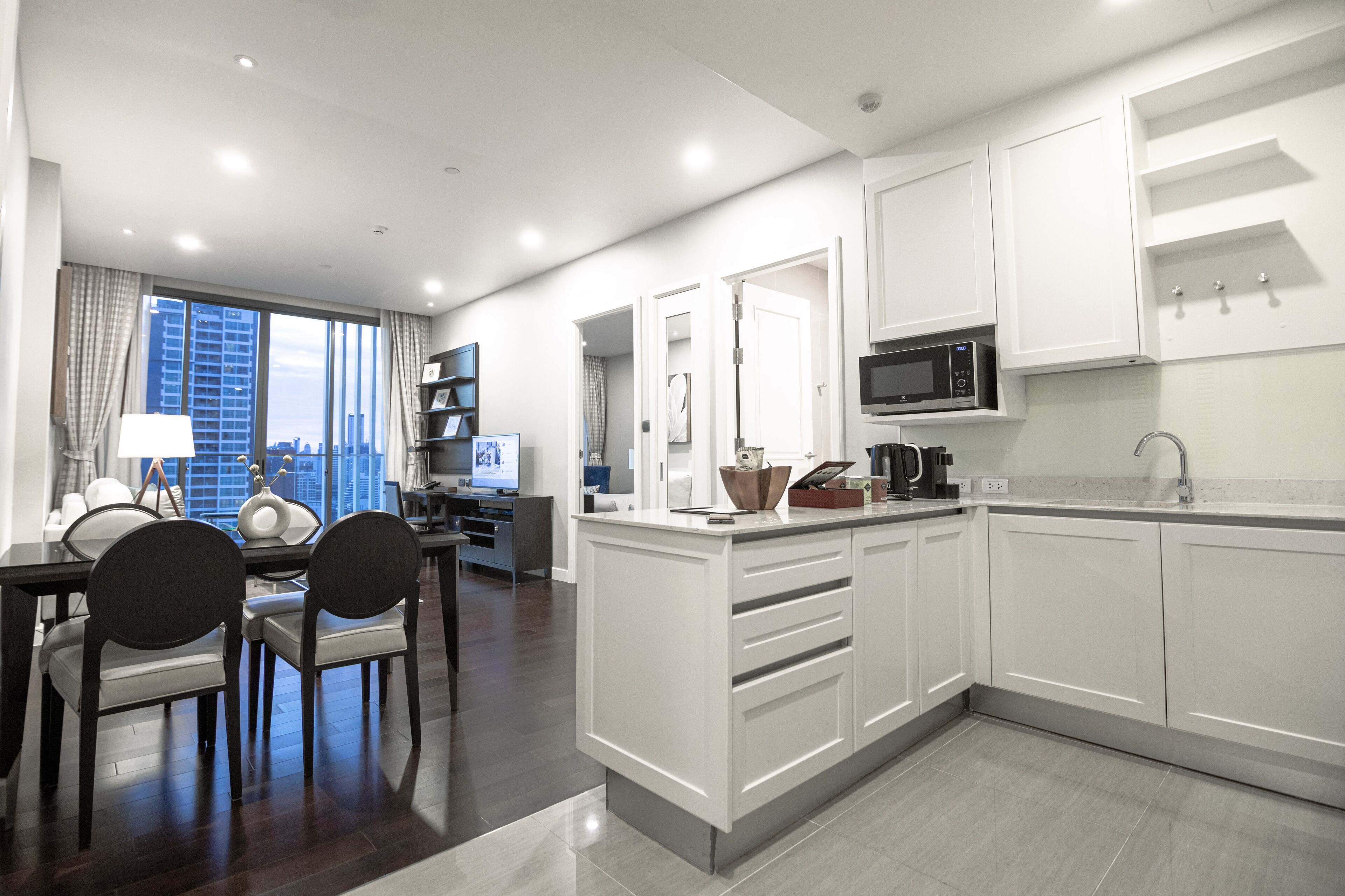 the pillars executive one bedroom residences | private kitchen | fridge, microwave, coffee/tea maker, electric kettle