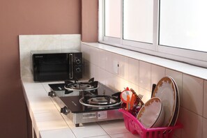 Standard Double or Twin Room (with A/C) | Shared kitchen facilities | Fridge, microwave, electric kettle, cookware/dishes/utensils