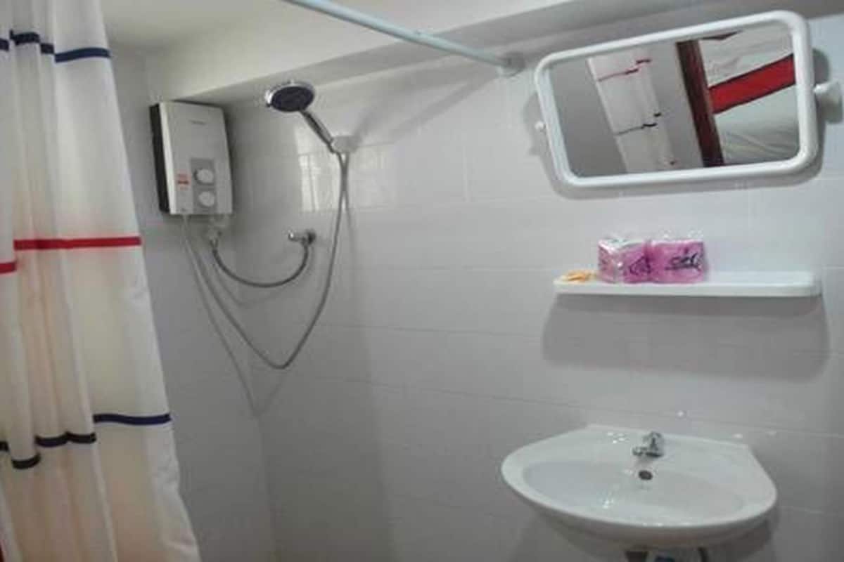 A bathroom with a shower, a sink, a mirror, and a shelf with toiletries.