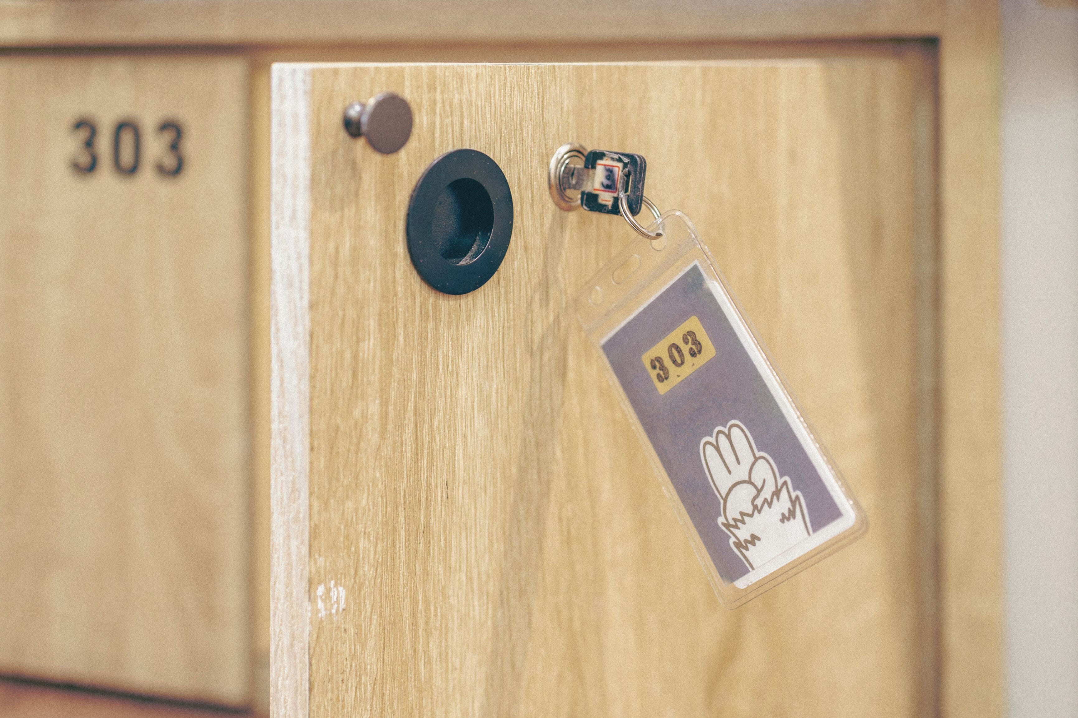 A wooden door with the number '303' and a keyhole.