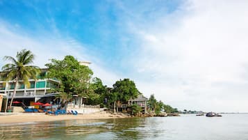 On the beach, sun loungers, beach umbrellas, beach towels