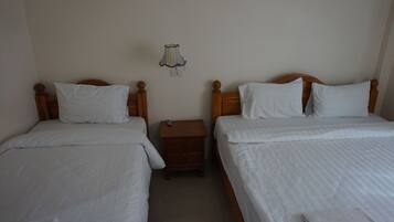 A twin room with two single beds, a nightstand, and a wall-mounted lamp.