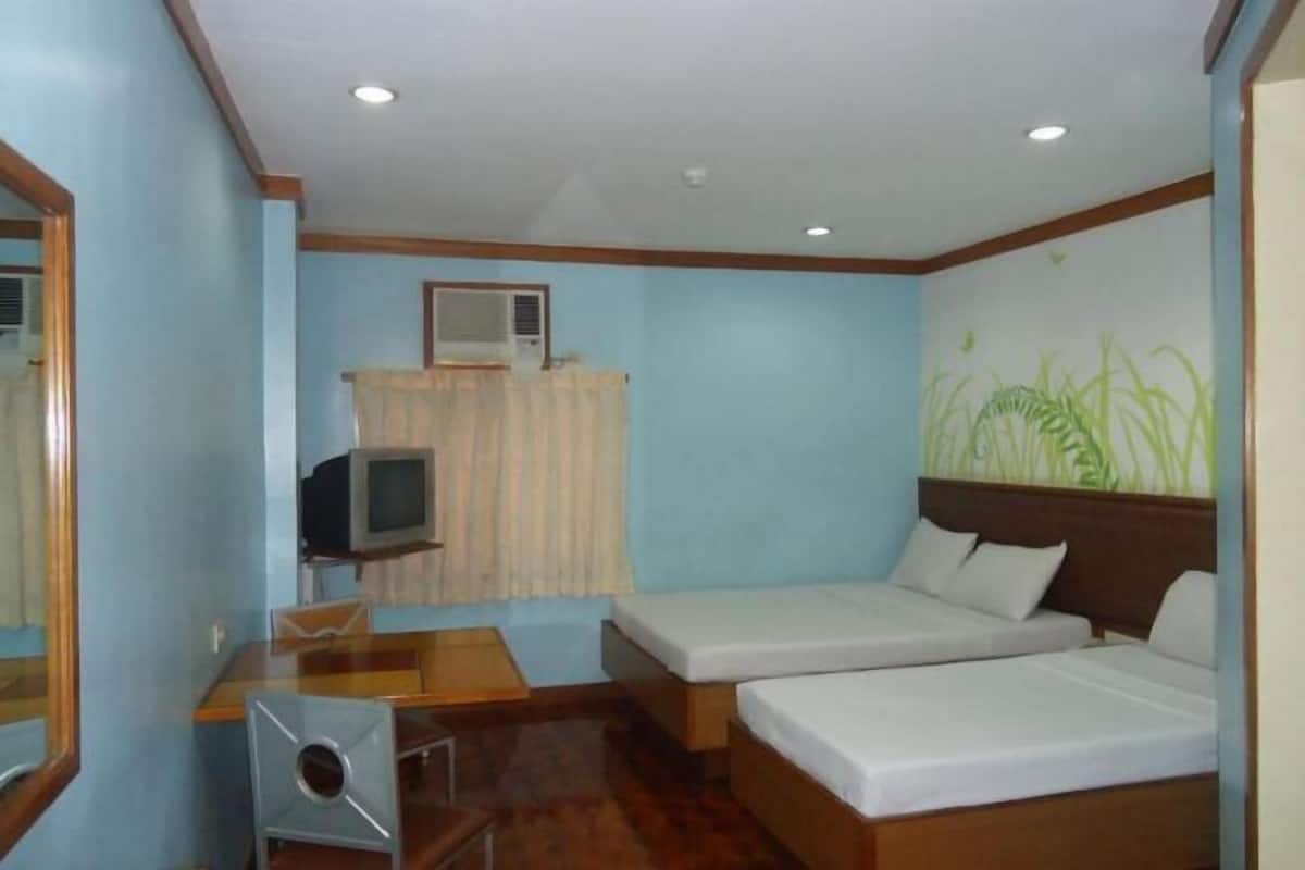 Two single beds with wooden headboards, a desk, and a wall-mounted TV.