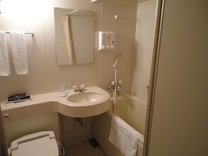 Combined shower/bathtub, free toiletries, hair dryer, slippers