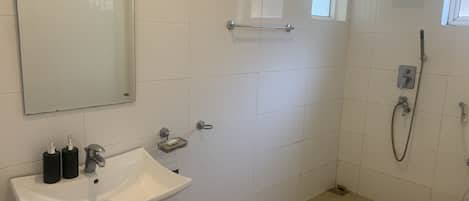 A bathroom with a white sink, a mirror, a towel rack, a shower with a handheld showerhead, and a window.