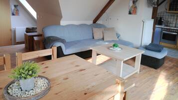 Leilighet – basic, 2 soverom, balkong | Oppholdsområde | En 120-centimeters Flatskjerm-TV med Parabol-TV samt TV