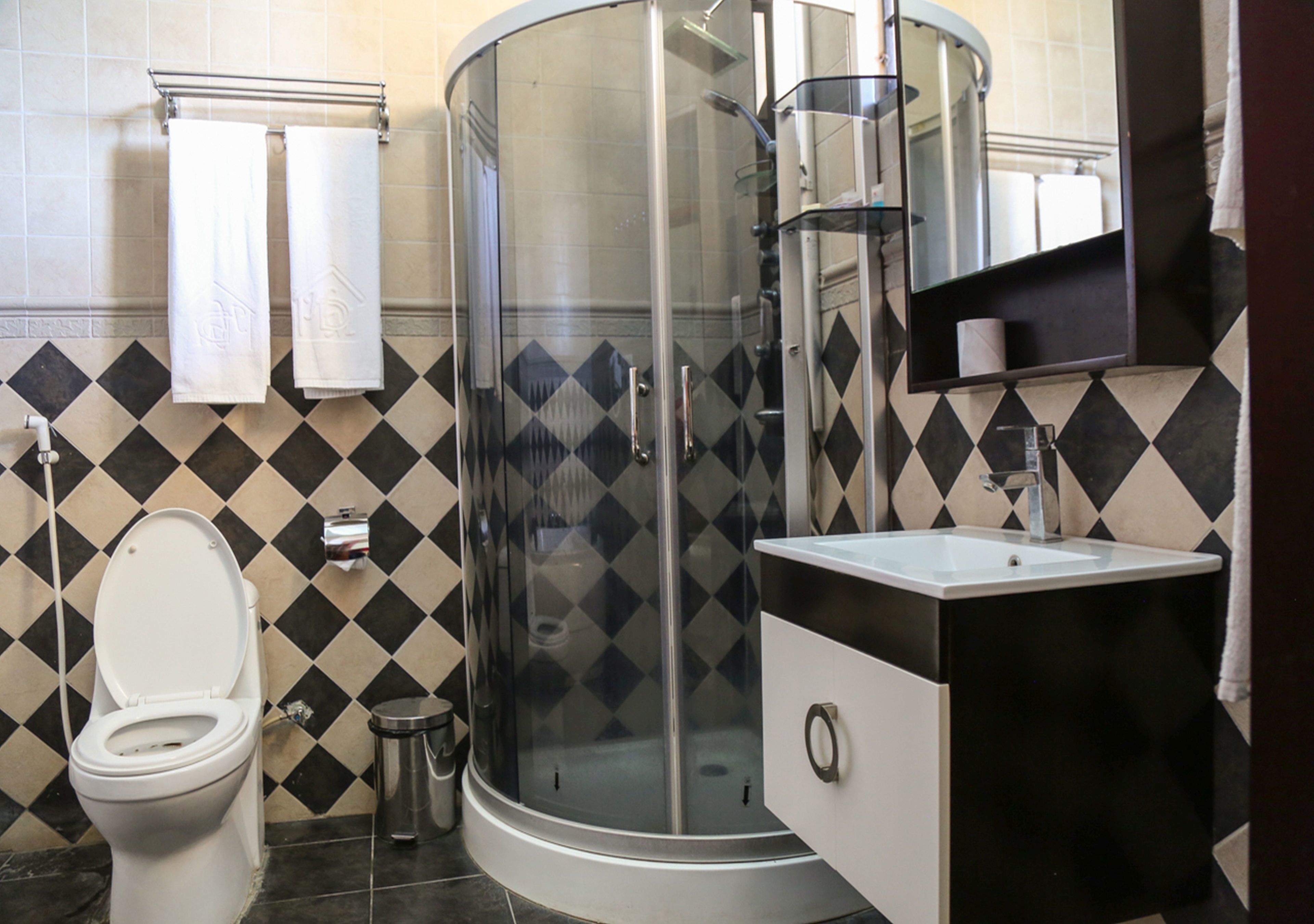 A bathroom with a toilet, a glass-enclosed shower, a sink, and a mirror.