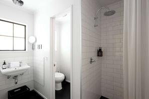 Shower, eco-friendly toiletries, hair dryer, towels