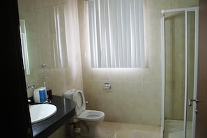 A bathroom with a toilet, sink, and shower area.