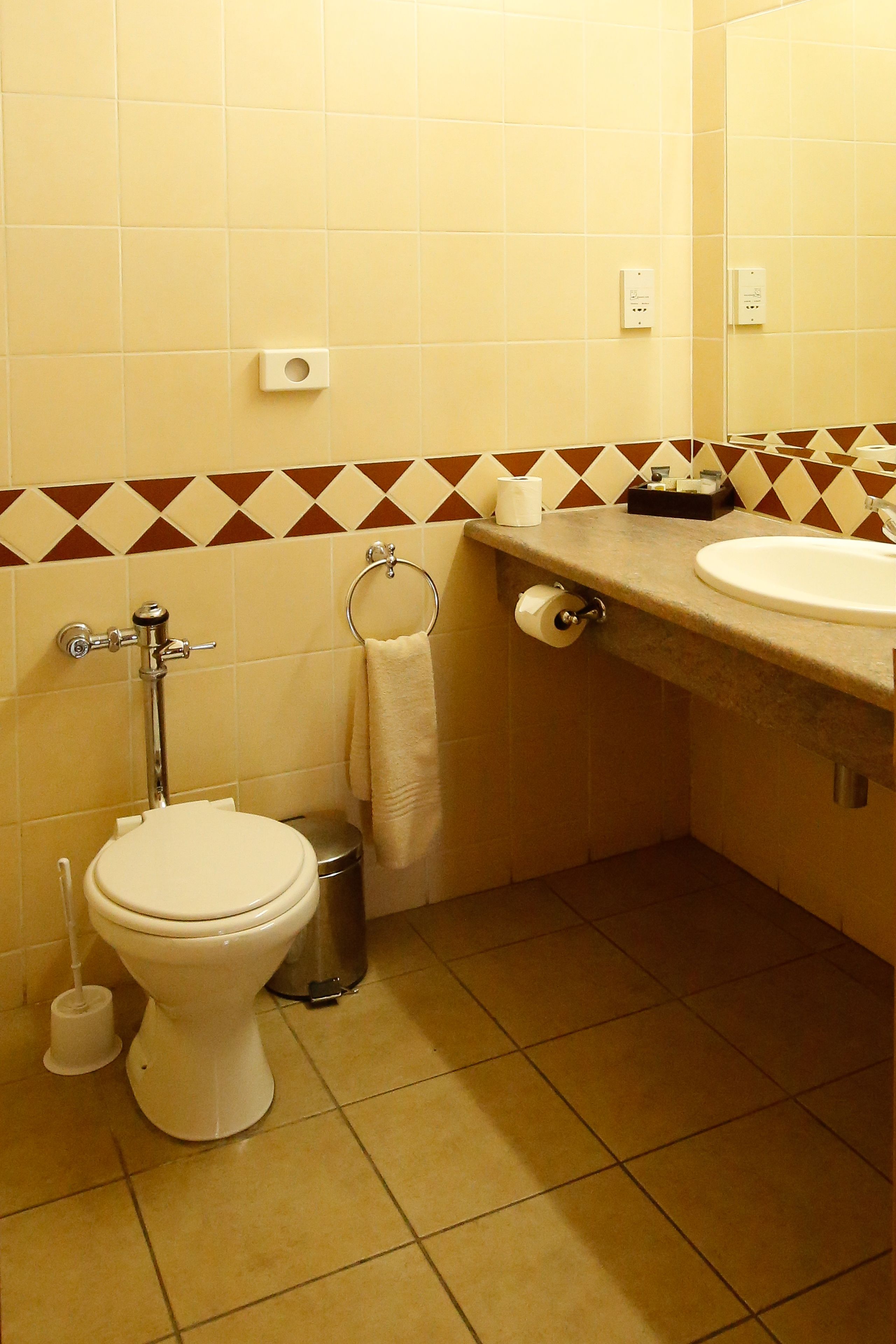 A bathroom with a toilet, sink, and a trash can.